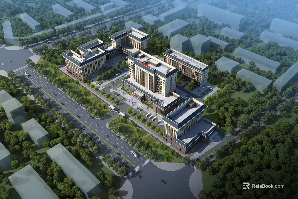 Modern Hospital Complex Featuring Multiple Buildings Surrounded by Greenery Road And Parking Area 3d model 