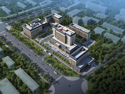 Modern Hospital Complex Featuring Multiple Buildings Surrounded by Greenery Road And Parking Area 3d model