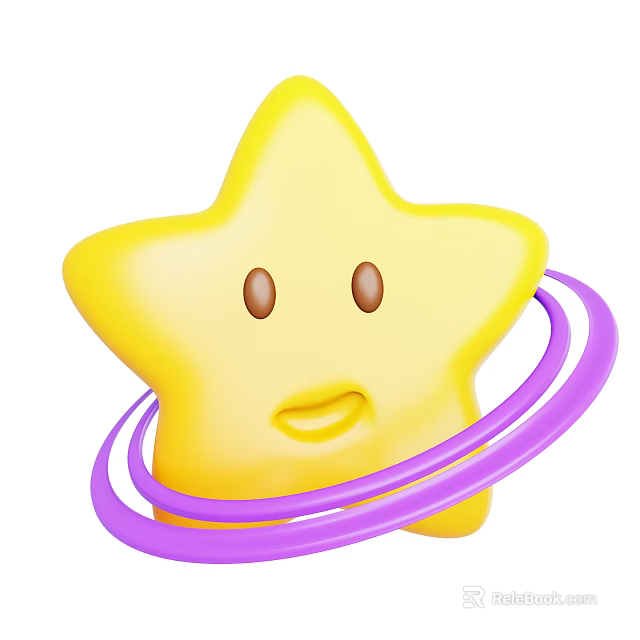 Cartoon Yellow Star with Smiling Face and Purple Rings Design 3d model 