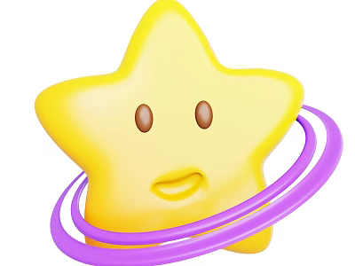 Cartoon Yellow Star with Smiling Face and Purple Rings Design 3d model