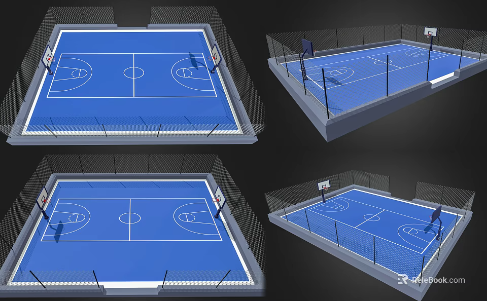 Indoor Basketball Court Design With Blue Surface White Lines Fencing And Hoops 3d model 