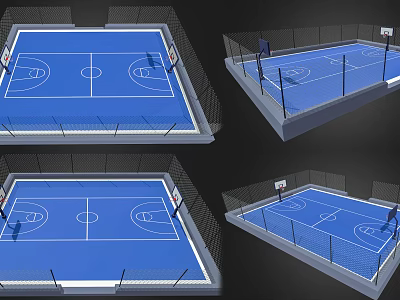 Indoor Basketball Court Design With Blue Surface White Lines Fencing And Hoops 3d model