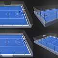 Indoor Basketball Court Design With Blue Surface White Lines Fencing And Hoops