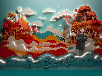 Colorful Paper Art Photo Check-in Spot With Waves Trees Clouds And Moon Decorations 3d model