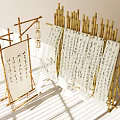 Traditional Chinese Lanterns Arranged on Bamboo Stand with Hanging Calligraphy Scrolls and Wooden Buckets