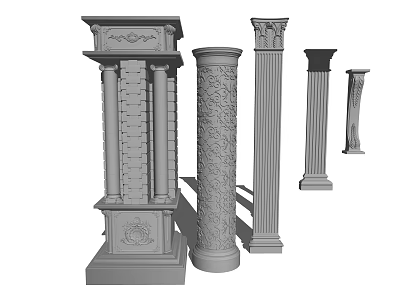 Classical Roman Columns with Various Decorative Styles and Intricate Carved Details 3d model