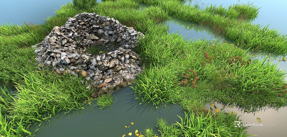 Lush Green Grass and Yellow Flowers Around Natural Pond With Stone Structure and Aquatic Plants 3d model 