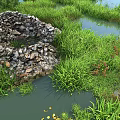 Lush Green Grass and Yellow Flowers Around Natural Pond With Stone Structure and Aquatic Plants