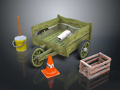 Wooden Cart With Yellow Bucket Orange Traffic Cone And Wooden Crate 3d model