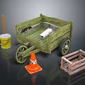 Wooden Cart With Yellow Bucket Orange Traffic Cone And Wooden Crate