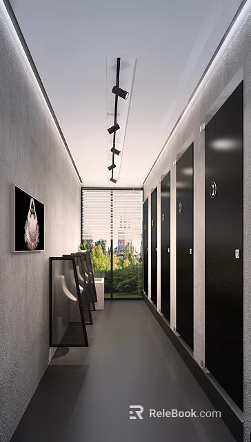 Modern Public Restroom Interior With Stalls Window Blinds Greenery And Lighting 3d model 