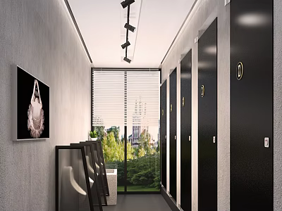 Modern Public Restroom Interior With Stalls Window Blinds Greenery And Lighting 3d model