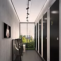 Modern Public Restroom Interior With Stalls Window Blinds Greenery And Lighting