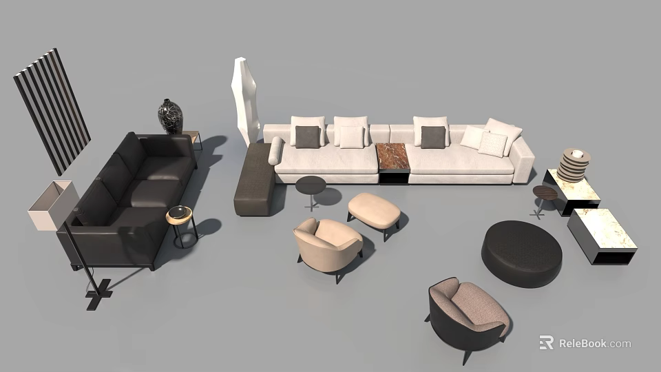 Modern Casual Sofa Set With White Black Couches Single Chairs And Coffee Tables 3d model 