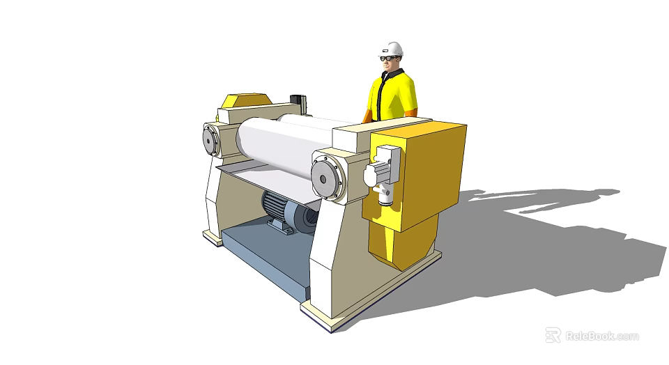 Industrial Equipment Yellow Roller Machine With Worker Wearing Safety Helmet 3d model 