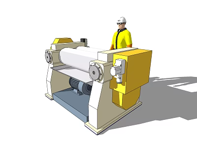 Industrial Equipment Yellow Roller Machine With Worker Wearing Safety Helmet 3d model