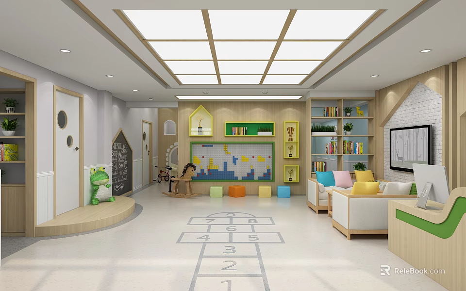Colorful Kindergarten Interior With Play Area Books Floor Numbers And Learning Toys 3d model 