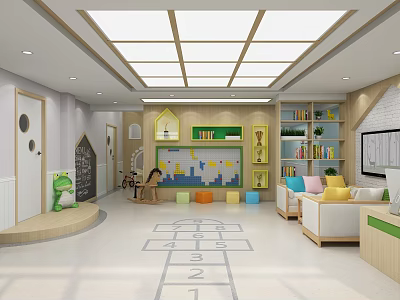 Colorful Kindergarten Interior With Play Area Books Floor Numbers And Learning Toys 3d model