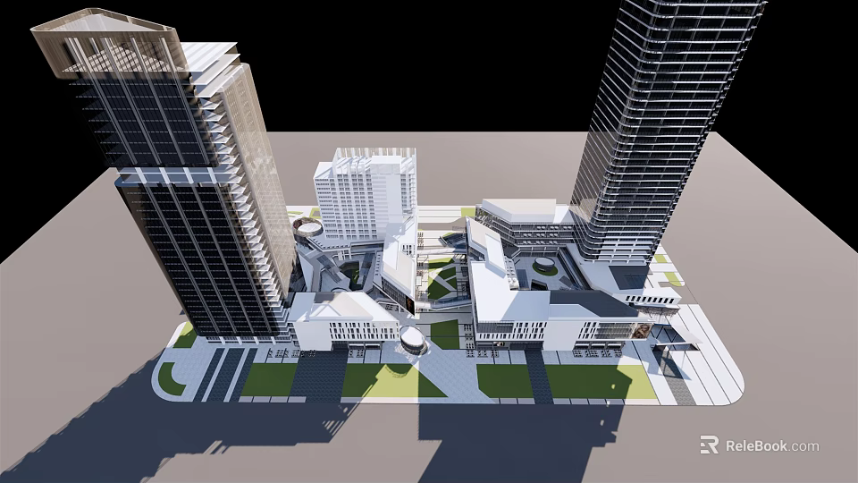 Modern Commercial Complex With High-Rise Buildings Open Plaza Green Spaces And Architectural Design 3d model 