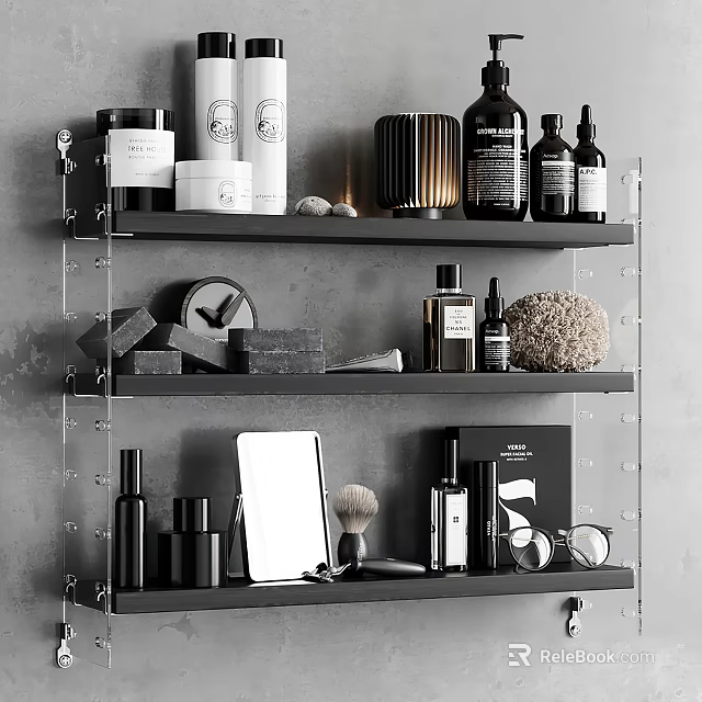 Bathroom Accessories Organized On Acrylic Shelf With Skincare Bottles Soap Mirror And Shaving Brush 3d model 