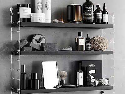 Bathroom Accessories Organized On Acrylic Shelf With Skincare Bottles Soap Mirror And Shaving Brush 3d model
