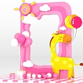 Pink Frame Photo Spot With Sun Clouds Balloons And Yellow Giraffe Gift Boxes Striped Base 3d model