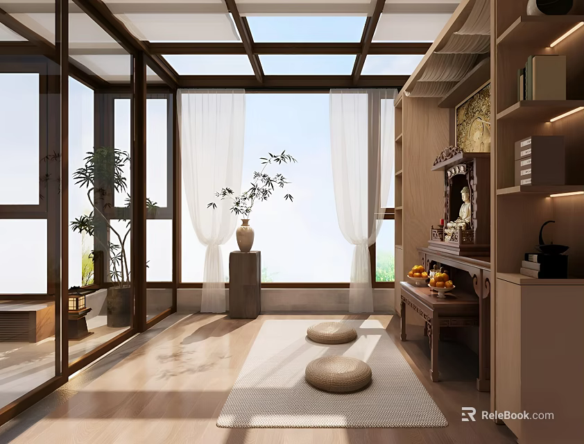Wooden Buddhist Shrine Cabinet In Serene Zen Room With Natural Light And Floor Cushions 3d model 
