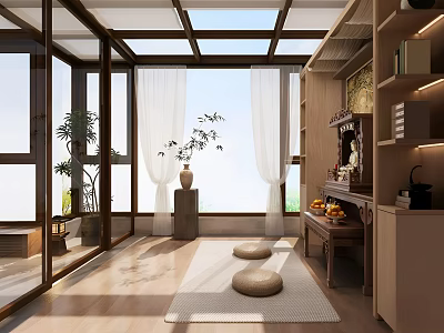 Wooden Buddhist Shrine Cabinet In Serene Zen Room With Natural Light And Floor Cushions 3d model