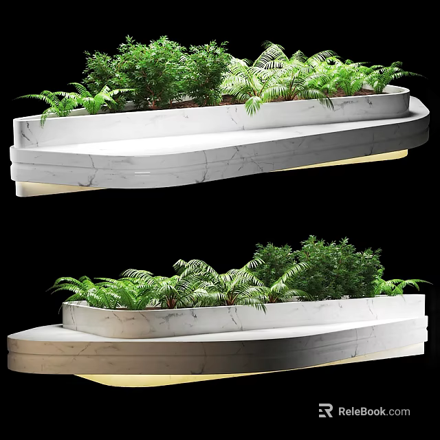 Road Facilities Curved White Marble Planters With Green Plants Layered Design And Bottom Lighting 3d model 