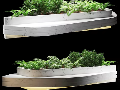 Road Facilities Curved White Marble Planters With Green Plants Layered Design And Bottom Lighting 3d model