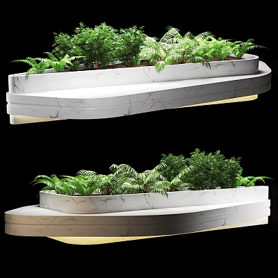 Road Facilities Curved White Marble Planters With Green Plants Layered Design And Bottom Lighting 3d model