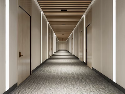 Modern Hotel Corridor With Wooden Ceiling Recessed Lighting Aligned Doors And Carpeted Floor 3d model
