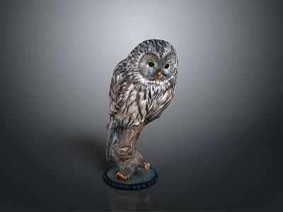 Realistic Detailed Owl Sculpture Perched on Tree Branch with Blue Base 3d model