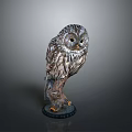 Realistic Detailed Owl Sculpture Perched on Tree Branch with Blue Base