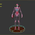 3D Female Character Model With Red Black Design Blue Glowing Elements Knife On Circular Platform