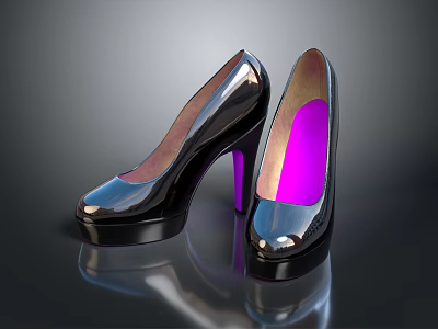 Shiny Black Patent Leather High Heels With Purple Heel Platform Sole And Reflective Surface 3d model