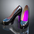 Shiny Black Patent Leather High Heels With Purple Heel Platform Sole And Reflective Surface