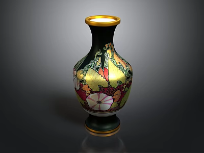 Decorative Dark Green Vase With Golden Rim And Colorful Floral Patterns 3d model