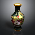Decorative Dark Green Vase With Golden Rim And Colorful Floral Patterns