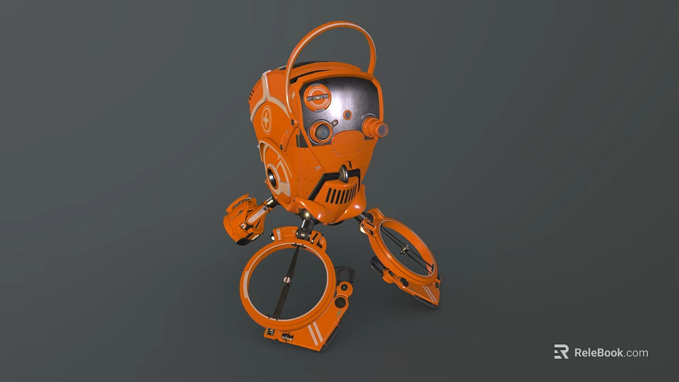 Orange Mechanical Robot Character With Circular Head And Ring Shaped Metallic Legs Design 3d model
