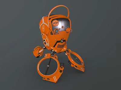 Orange Mechanical Robot Character With Circular Head And Ring Shaped Metallic Legs Design 3d model