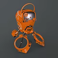 Orange Mechanical Robot Character With Circular Head And Ring Shaped Metallic Legs Design 3d model