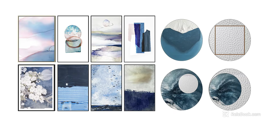 Modern Abstract Wall Art Pieces With Blue Tones And Various Shapes 3d model 