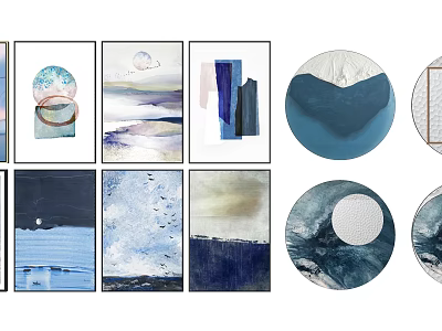 Modern Abstract Wall Art Pieces With Blue Tones And Various Shapes 3d model