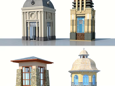 Various Design Pavilions With Dome Roofs Yellow Walls Blue Doors And Stone Elements 3d model