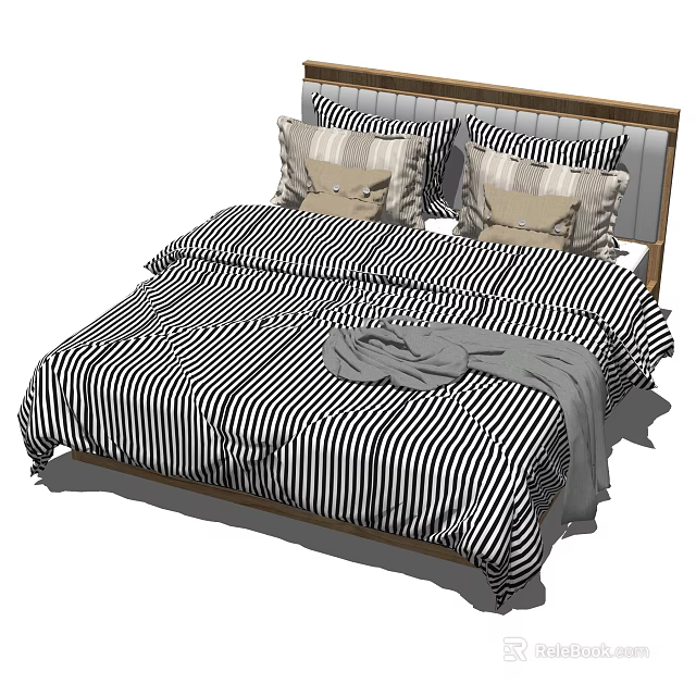 Modern Double Bed With Black White Striped Bedspread Pillows And Gray Blanket 3d model 