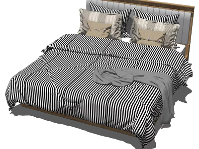 Modern Double Bed With Black White Striped Bedspread Pillows And Gray Blanket 3d model