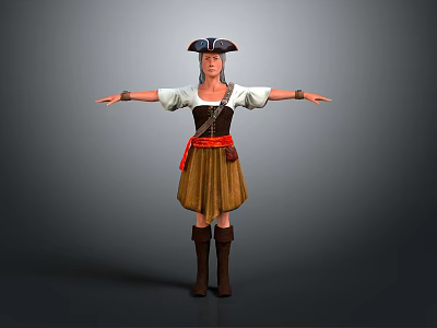 A Woman In Pirate Hat White Blouse Brown Skirt Red Belt Boots With Arms Outstretched 3d model