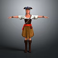 A Woman In Pirate Hat White Blouse Brown Skirt Red Belt Boots With Arms Outstretched
