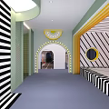 Artistic Playground Featuring Black White Striped Walls Floors Colorful Cones Yellow Bordered Windows Circular Decorations